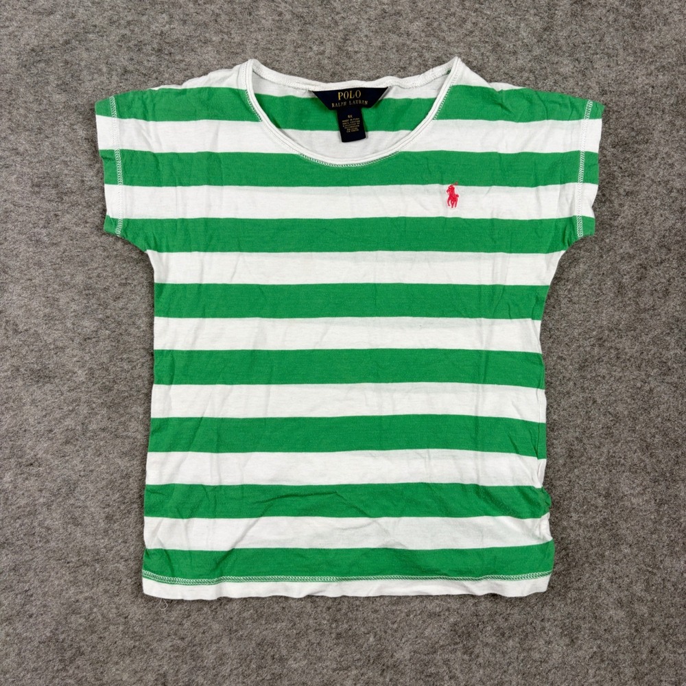 Polo Ralph Lauren T-Shirt Girls Size 6X Green White Striped Pony Logo Tee - Picture 1 of 9